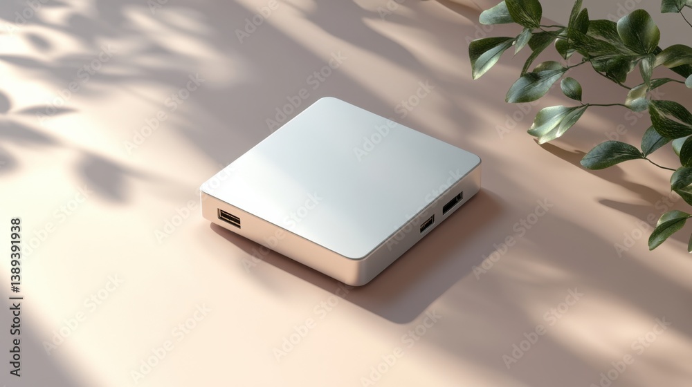 A modern external hard disk with rounded edges, set on a simple beige background A modern external hard disk with rounded edges, set on a simple beige background