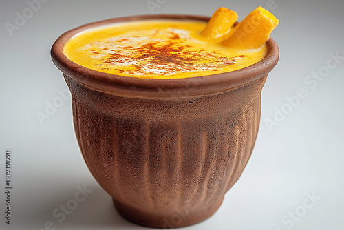 Punjabi lassi in a rustic clay cup, with a creamy blend of turmeric and ginger. The drink is sprinkled with spices, making it warm, soothing, and perfect for health. photo