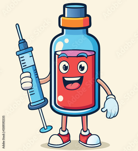 Cheerful Medicine Bottle Cartoon Character Holding Syringe Ready For Vaccination And Healthcare