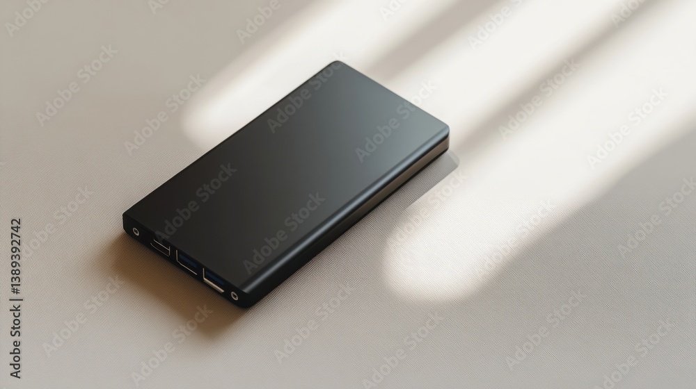 A portable external hard disk with a minimal design, placed on a soft white background A portable external hard disk with a minimal design, placed on a soft white background