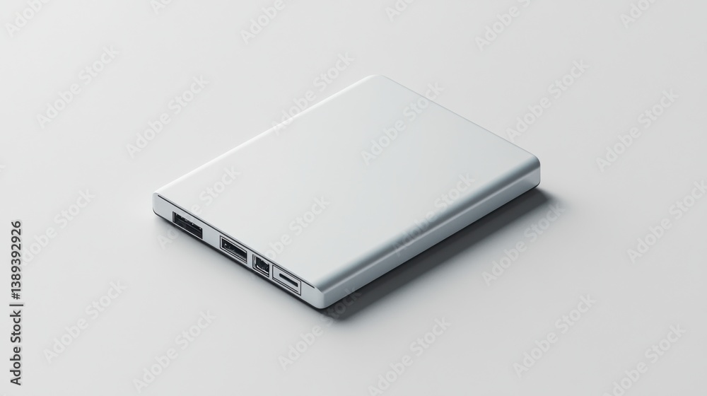A portable external hard disk with a minimal design, placed on a soft white background A portable external hard disk with a minimal design, placed on a soft white background