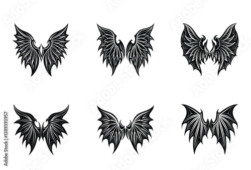 Gothic Demon Wings Vector Design Set – Dramatic wing graphics for gothic fantasy, dark apparel designs, and supernatural-themed projects.