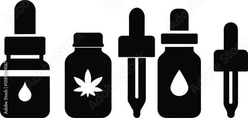 Black and white icons, essential oil droppers, cannabis tincture, herbal extracts, minimalist design, medical dropper bottles, silhouette style, alternative medicine, holistic remedies