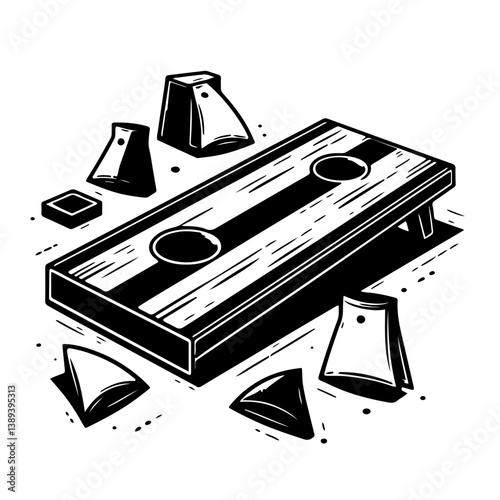 Cornhole Game Vector Illustration, Minimalist black and white vector illustration of a cornhole game setup with boards and bean bags.