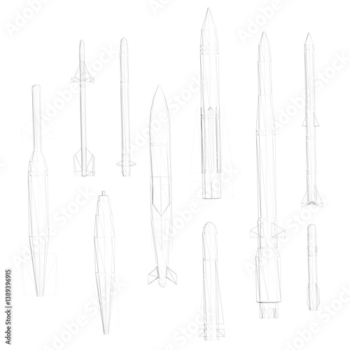 A series of rockets are shown in various sizes and positions. Concept of motion and power, as the rockets appear to be in motion or about to launch. Scene is one of excitement and anticipation