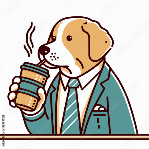 Cool Canine Craving Coffee: A dapper dog, smartly dressed, takes a break and enjoys the warmth of a coffee, illustrating the perfect blend of work and relaxation. 