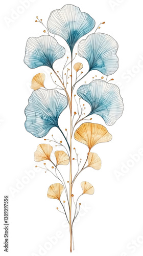 Watercolor Botanical Illustration Of Blue Gold Leaves On Transparent Background
