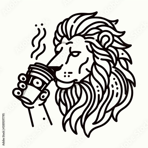 Lion Drinking Coffee: A majestic lion, drawn in an artful linework style, savors a cup of steaming coffee, its expression one of relaxed enjoyment and power.