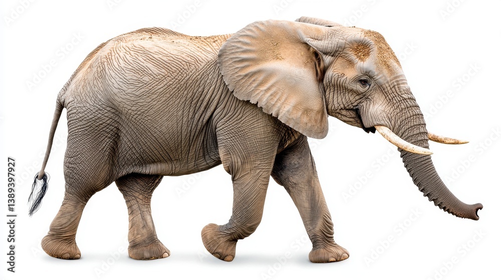Fototapeta premium Adult African Elephant Walking, Profile View, White Background
