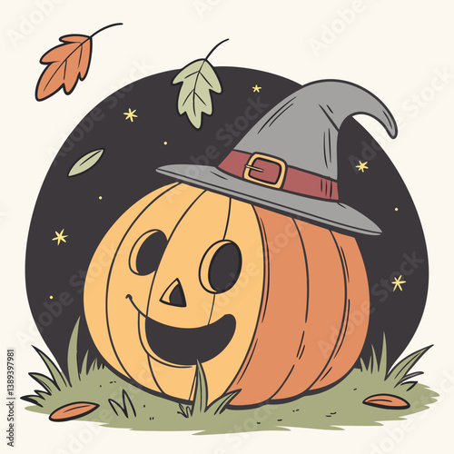 Traditional Halloween Pumpkin with Witch Hat – Classic Jack-o'-Lantern Vector Design