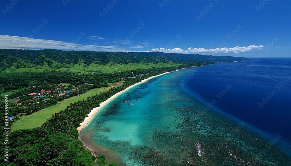 Fototapeta premium Aerial View of Tropical Island Coastline with Turquoise Water