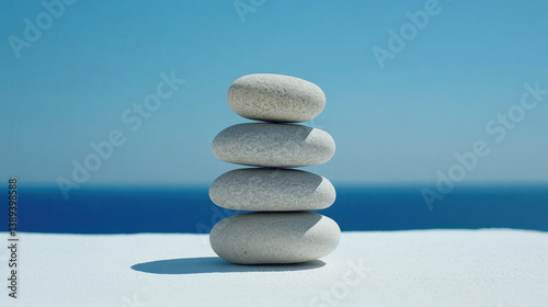 Four smooth stones stacked harmoniously against serene blue ocean backdrop, evoking tranquility and balance