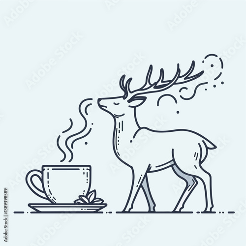 Deer's Delight: A whimsical monochrome illustration showcases a majestic deer gracefully interacting with a steaming cup of tea, evoking a sense of calm and contentment.