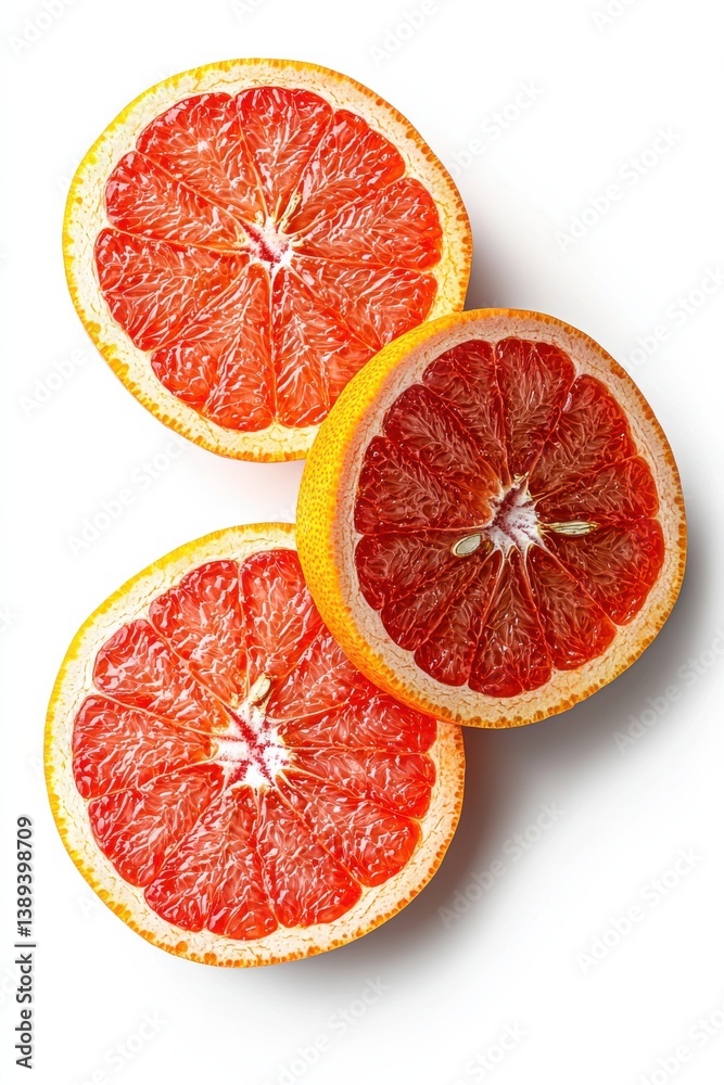 Slices of fresh red grapefruit arranged on a white background Slices of fresh red grapefruit arranged on a white background