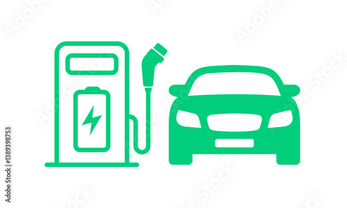 Plug icon symbol and electric car station, hybrid vehicle charging point logo. Green energy and eco-friendly car concept, charger connector and charging station icon. vector illustration