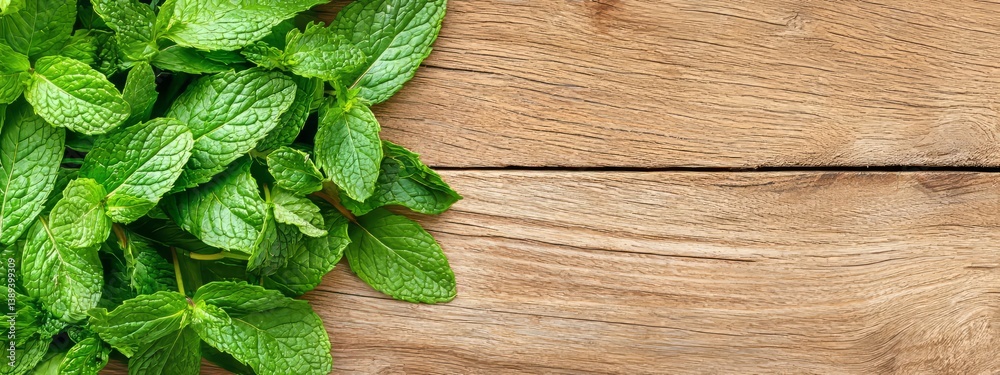 Fresh Mint Leaves on Rustic Wooden Surface for Culinary Use Fresh Mint Leaves on Rustic Wooden Surface for Culinary Use