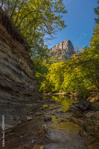 A stunning Crimean landscape - a narrow gorge with a river, framed by a massive cliff and a picturesque forest.  