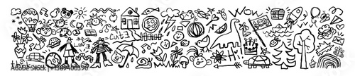 Kids wall art with pencil doodles. Funny child scribbles on kindergarten background. Drawing icons with childish patterns: house, smile, tree, animal. Hand drawn isolated vector illustrations on white