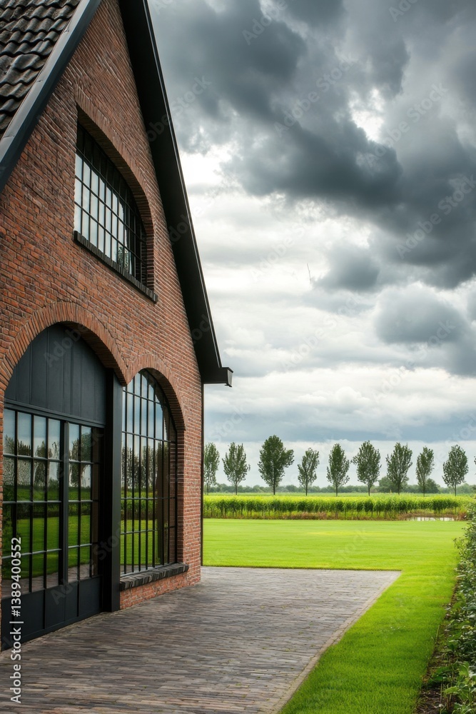 Fototapeta premium Cloudy sky over a modern farmhouse with large windows and a well-maintained lawn in a rural landscape near a row of trees in the distance