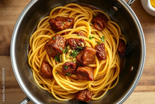Juicy Linguine with Fried Chicken Liver Top view