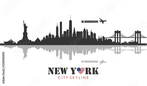 Photography Flat design of New York skyline in black and white tones, complete with famous landmarks and mirrored water reflection