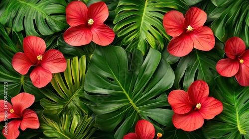 Wallpaper Mural Red Hibiscus Flowers and Lush Tropical Foliage Torontodigital.ca