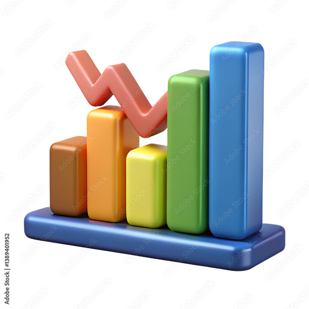 3D Bar Chart with Declining Trend – Business Analytics PNG Icon on Transparent Background