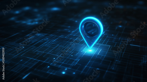 Glowing neon blue map pin on digital grid interface