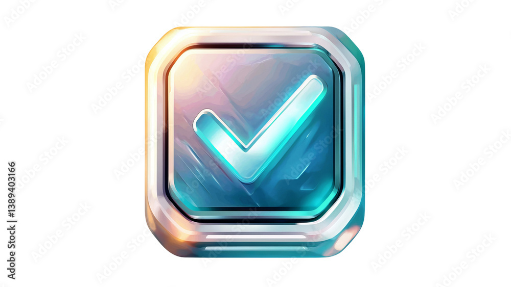 Png of A sleek, modern blue check mark icon set in a shiny, metallic frame, exuding a sense of approval and positivity on transparent background.