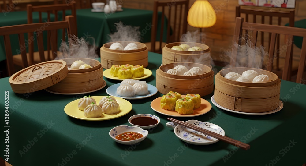 Fototapeta premium Steaming Dim Sum Platter A Culinary Delight of Chinese Cuisine