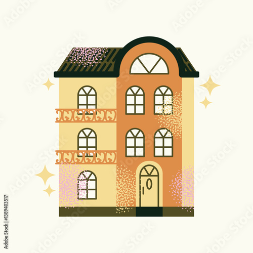Set urban buildings and shop facades with trees and street lamps isolated on background. Flat vector illustration in cartoon style. Hand drawn city architecture elements. Urban landscape and city