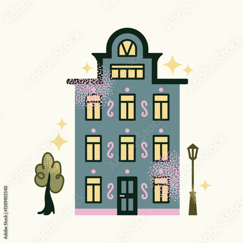 Set urban buildings and shop facades with trees and street lamps isolated on background. Flat vector illustration in cartoon style. Hand drawn city architecture elements. Urban landscape and city