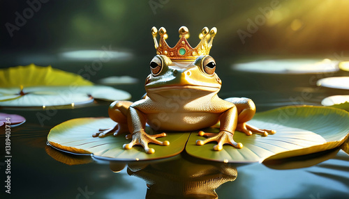 A green frog wearing a golden crown as hidden prince charming sitting an waiting for love on a waterlily leaf in a lake with green nature background scenery