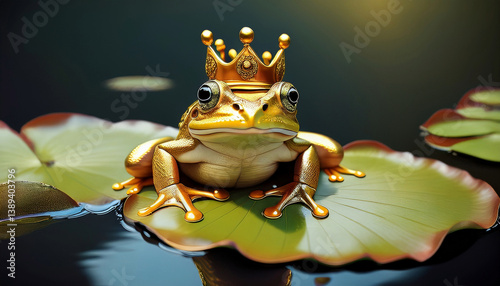 A green frog wearing a golden crown as hidden prince charming sitting an waiting for love on a waterlily leaf in a lake with green nature background scenery
