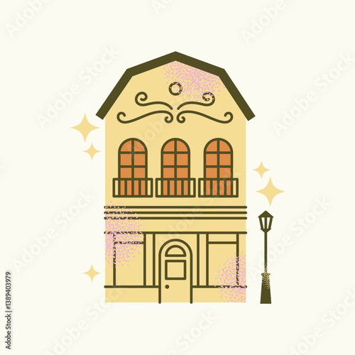 Set urban buildings and shop facades with trees and street lamps isolated on background. Flat vector illustration in cartoon style. Hand drawn city architecture elements. Urban landscape and city