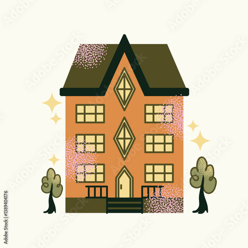 Set urban buildings and shop facades with trees and street lamps isolated on background. Flat vector illustration in cartoon style. Hand drawn city architecture elements. Urban landscape and city