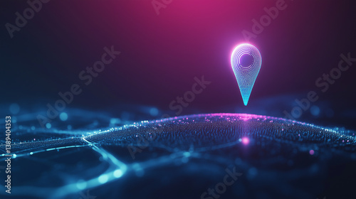 Holographic neon map pin on futuristic digital terrain