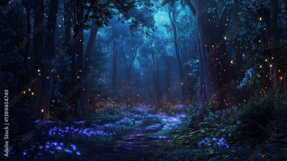 Obraz premium A magical forest glowing with bioluminescent plants and fireflies at twilight