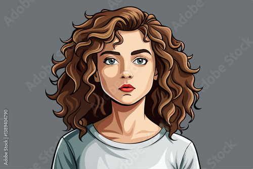 vector of Girl sketch model with curly hair and simple blank white t-shirt on gray background, studio portrait