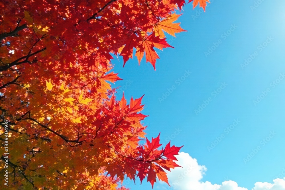 Vibrant colors of autumn leaves on deciduous trees against a blue sky, fall, harvest Vibrant colors of autumn leaves on deciduous trees against a blue sky, fall, harvest