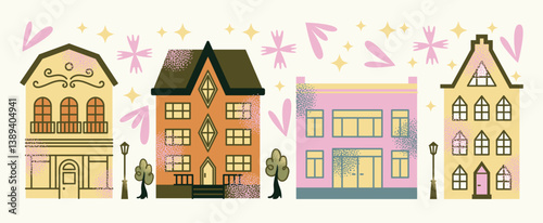 Set urban buildings and shop facades with trees and street lamps isolated on background. Flat vector illustration in cartoon style. Hand drawn city architecture elements. Urban landscape and city