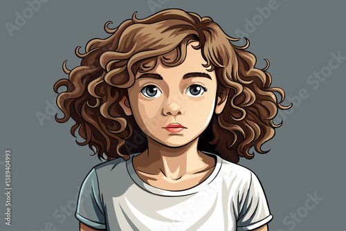 vector of Girl sketch model with curly hair and simple blank white t-shirt on gray background, studio portrait