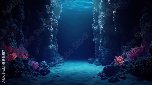 Deepsea trench dungeon with towering coral walls, eerie bioluminescent creatures, and lost relics from the past
