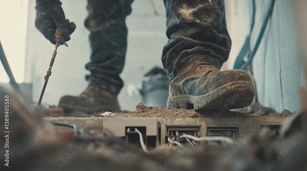 A construction worker installing electrical outlets at a building site. Featuring technical skill and precision A construction worker installing electrical outlets at a building site. Featuring technical skill and precision