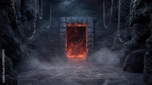 Infernal dungeon with chains hanging from the ceiling, smokefilled corridors, and a massive portal to a fiery underworld