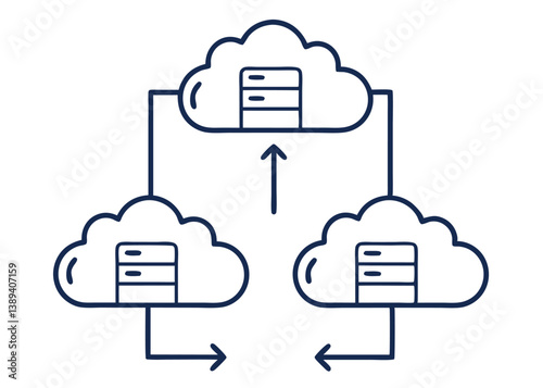 Dynamic cloud computing network diagram illustrating data transfer and server synchronization for modern business solutions and digital infrastructure.