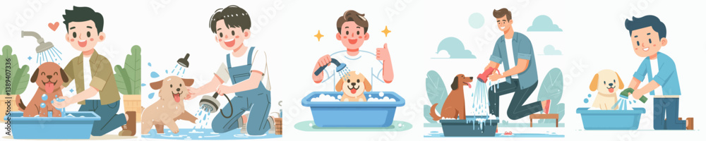 set vector teenagers bathing dogs in flat design style