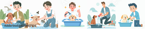 set vector teenagers bathing dogs in flat design style