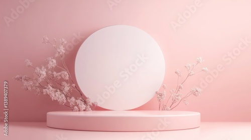 Pink display podium with circle, dry flowers.  Ideal for product presentation