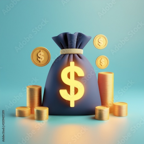 A digital illustration of a money bag with coins, symbolizing wealth and financial prosperity against a soft blue background.